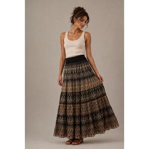 Lapis Maxi Skirt Womens Small Brown Tiered Boho Chevron Print Boho Festival
